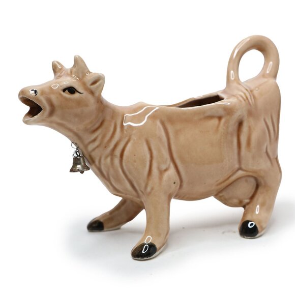 Vintage Kenmar Brown Cow w/ Brass Bell  Farmhouse Kitsch MCM Japan Ceramic Jug - Picture 1 of 10